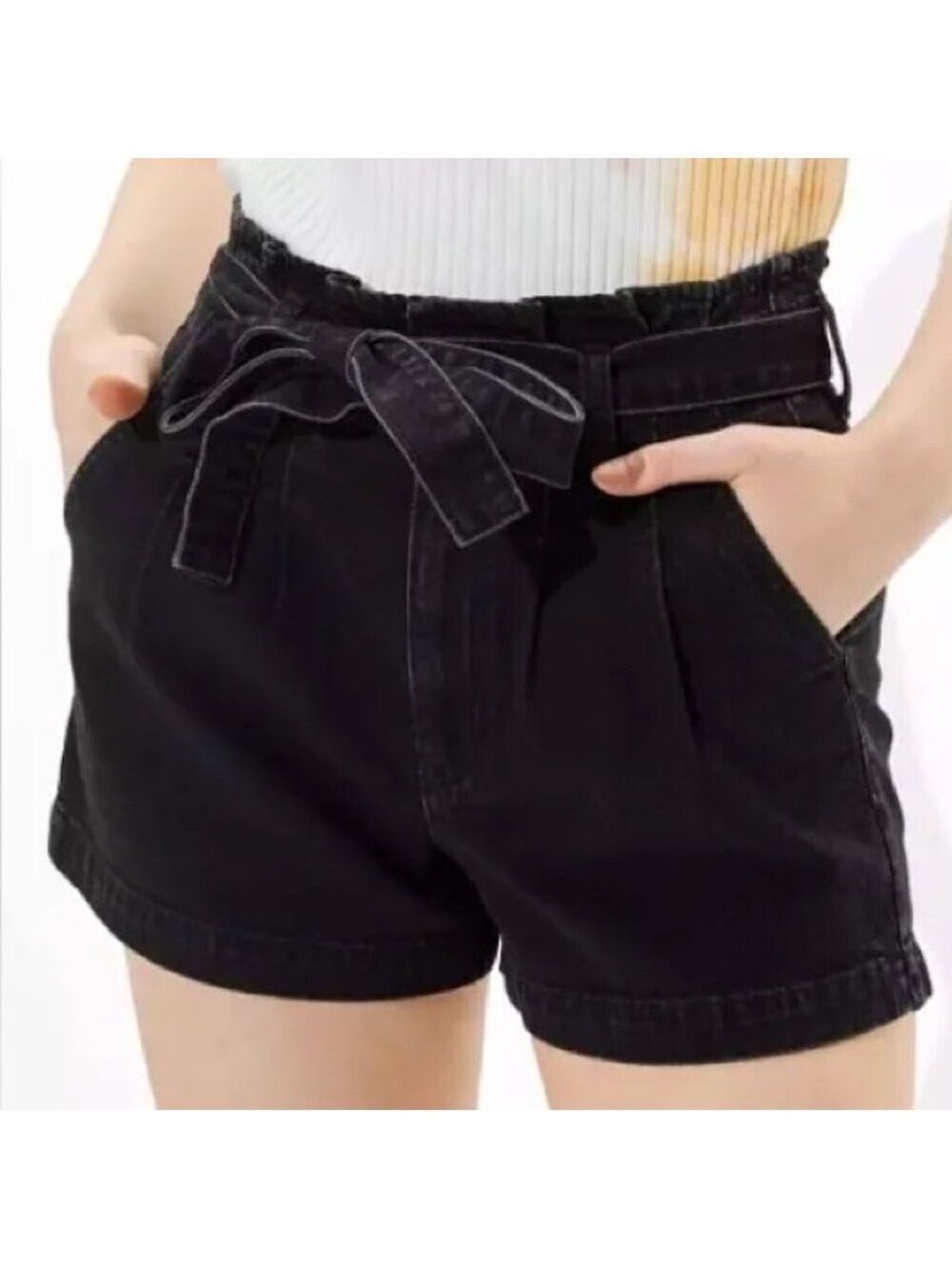 American Eagle Black Paper Bag Denim Mom Shorts Sz 2